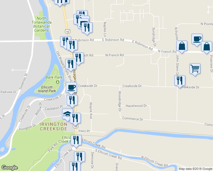 map of restaurants, bars, coffee shops, grocery stores, and more near 151 Creekside Drive in Buffalo