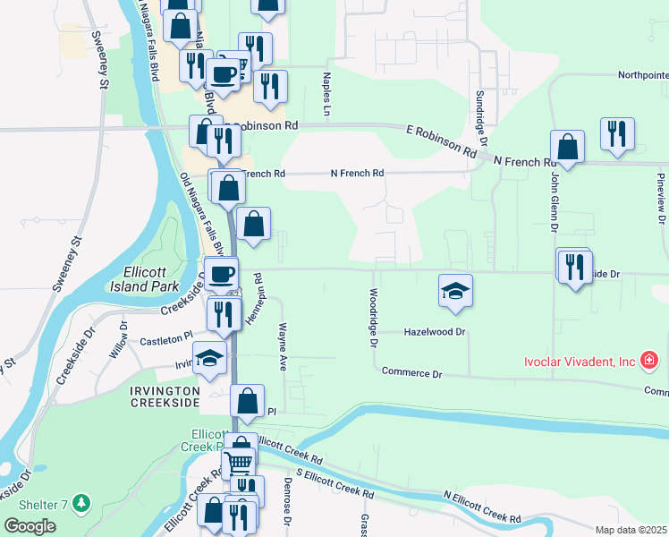 map of restaurants, bars, coffee shops, grocery stores, and more near 141 Creekside Drive in Buffalo