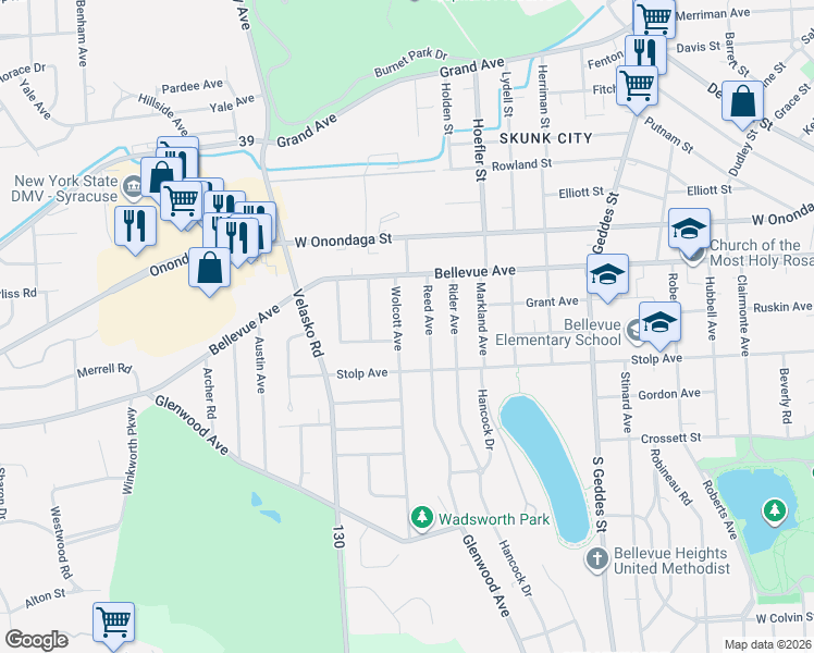 map of restaurants, bars, coffee shops, grocery stores, and more near 170 Reed Avenue in Syracuse