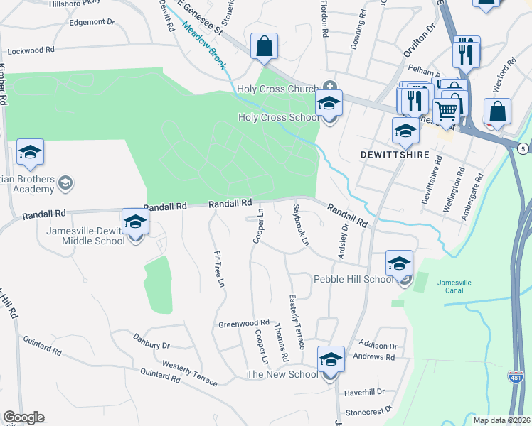 map of restaurants, bars, coffee shops, grocery stores, and more near 107 Cooper Lane in Syracuse