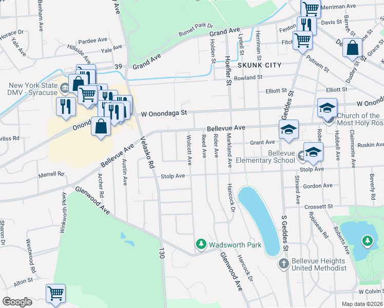 map of restaurants, bars, coffee shops, grocery stores, and more near 170 Reed Avenue in Syracuse