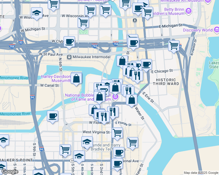 map of restaurants, bars, coffee shops, grocery stores, and more near 160 West Seeboth Street in Milwaukee