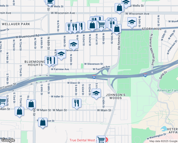 map of restaurants, bars, coffee shops, grocery stores, and more near 161 South 62nd Street in Milwaukee