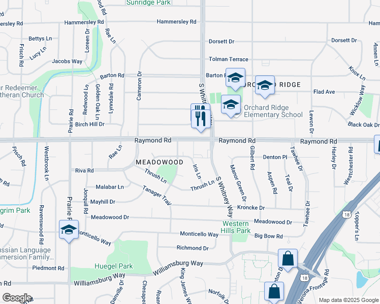 map of restaurants, bars, coffee shops, grocery stores, and more near 2101 Iris Lane in Madison