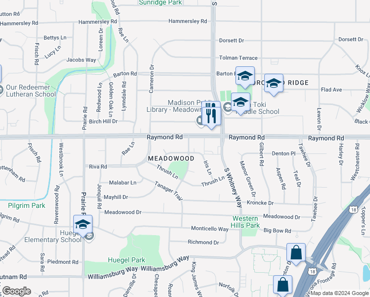 map of restaurants, bars, coffee shops, grocery stores, and more near 2101 Leland Drive in Madison