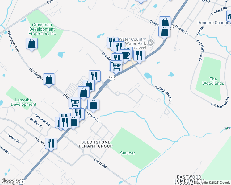 map of restaurants, bars, coffee shops, grocery stores, and more near 1412 White Cedar Boulevard in Portsmouth
