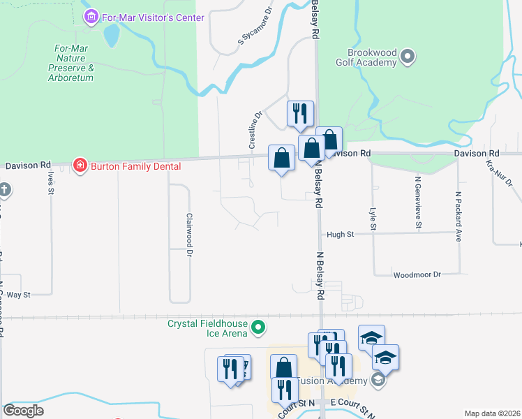 map of restaurants, bars, coffee shops, grocery stores, and more near 1386 Farner Drive in Burton