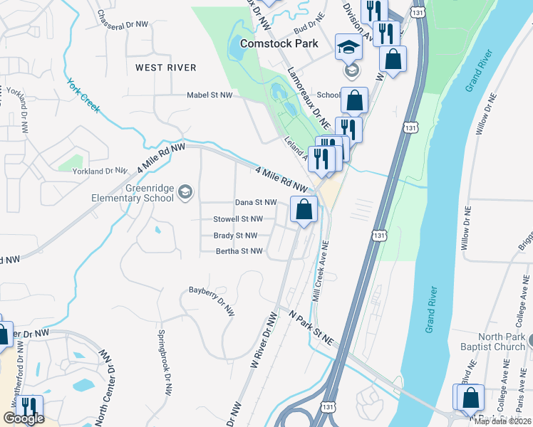 map of restaurants, bars, coffee shops, grocery stores, and more near 315 Brady Street Northwest in Comstock Park