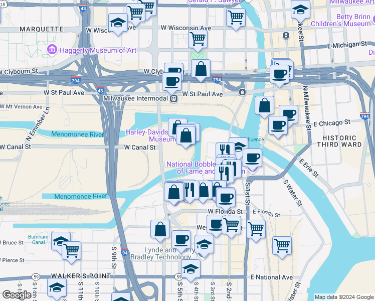 map of restaurants, bars, coffee shops, grocery stores, and more near 400 West Canal Street in Milwaukee