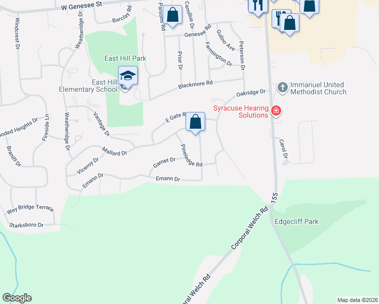 map of restaurants, bars, coffee shops, grocery stores, and more near 101 Garnet Drive in Camillus