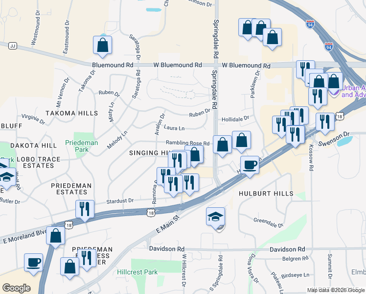 map of restaurants, bars, coffee shops, grocery stores, and more near 2100 Sunnyside Drive in Waukesha