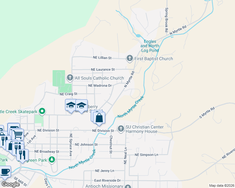 map of restaurants, bars, coffee shops, grocery stores, and more near 1038 North Myrtle Road in Myrtle Creek