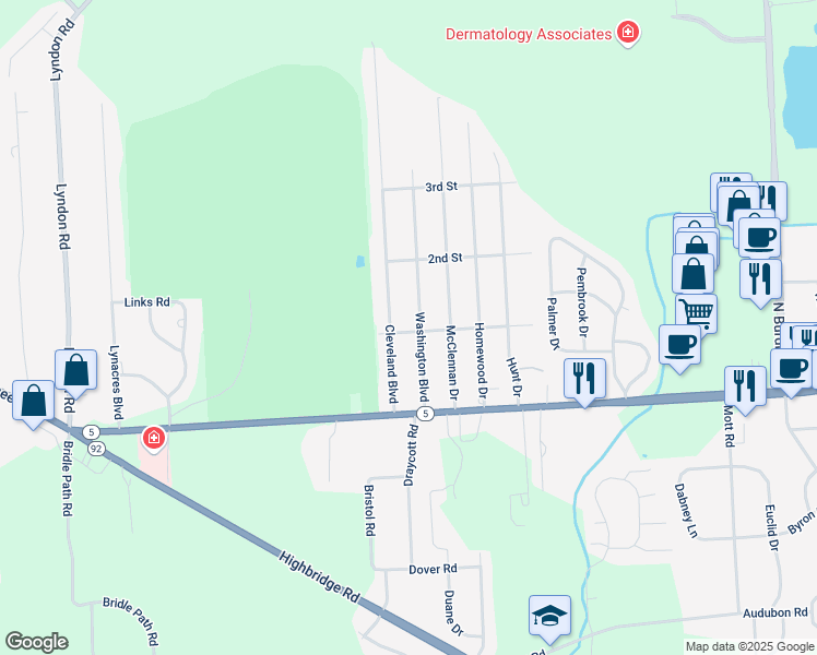 map of restaurants, bars, coffee shops, grocery stores, and more near 114 Cleveland Boulevard in Fayetteville