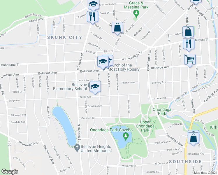 map of restaurants, bars, coffee shops, grocery stores, and more near 212 Hubbell Avenue in Syracuse