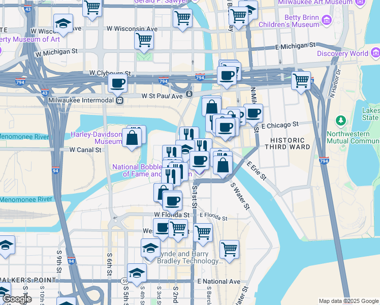 map of restaurants, bars, coffee shops, grocery stores, and more near 160 West Seeboth Street in Milwaukee