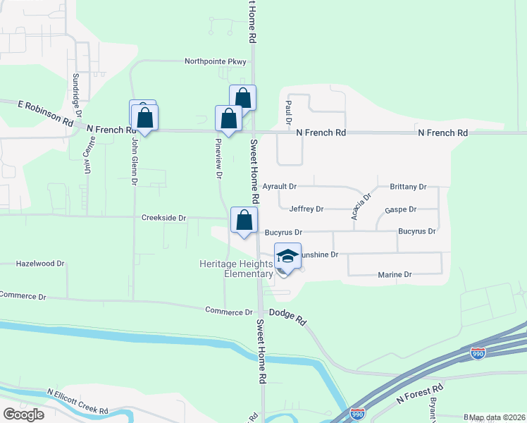 map of restaurants, bars, coffee shops, grocery stores, and more near 2580 Sweet Home Road in Amherst