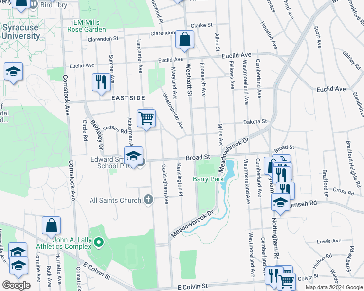 map of restaurants, bars, coffee shops, grocery stores, and more near 107 Kensington Place in Syracuse