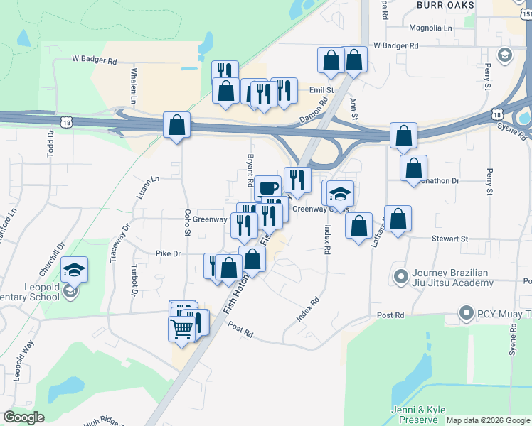 map of restaurants, bars, coffee shops, grocery stores, and more near 1601 Greenway Cross in Fitchburg