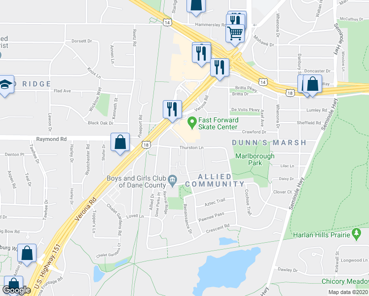map of restaurants, bars, coffee shops, grocery stores, and more near 4613 Thurston Lane in Madison
