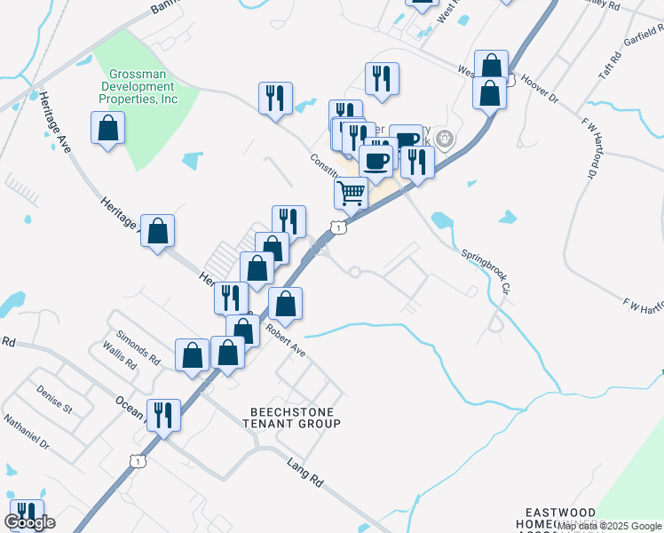 map of restaurants, bars, coffee shops, grocery stores, and more near 307 White Cedar Boulevard in Portsmouth