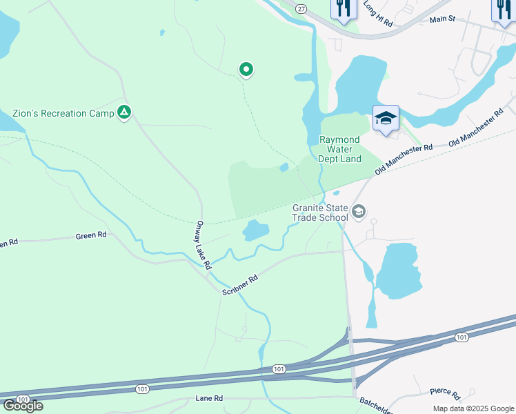 map of restaurants, bars, coffee shops, grocery stores, and more near 7 Onway Lake Road in Raymond