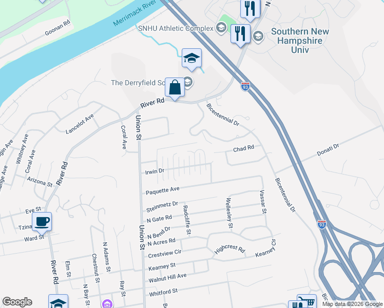 map of restaurants, bars, coffee shops, grocery stores, and more near 184 Irwin Drive in Manchester