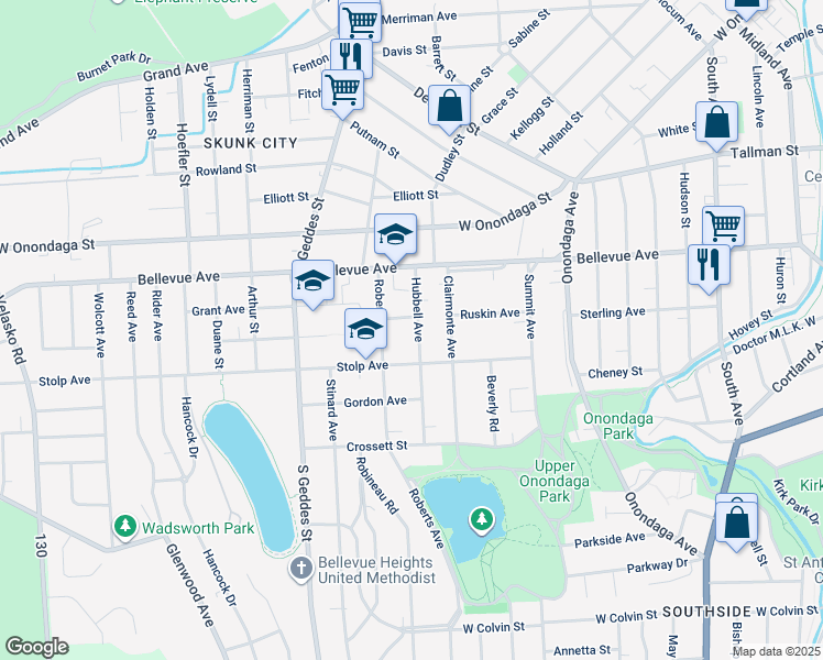 map of restaurants, bars, coffee shops, grocery stores, and more near 424 Stolp Avenue in Syracuse