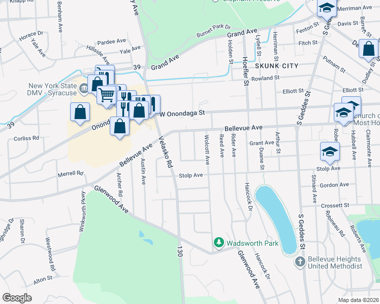map of restaurants, bars, coffee shops, grocery stores, and more near 153 Vieau Drive in Syracuse