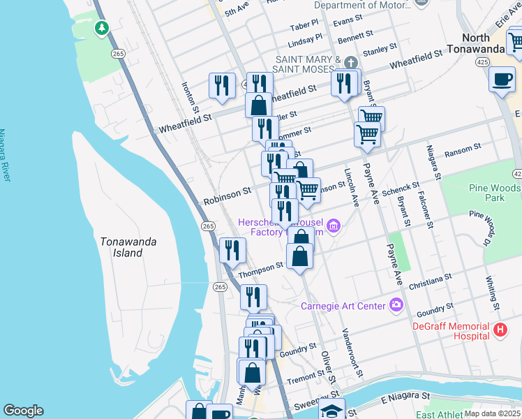 map of restaurants, bars, coffee shops, grocery stores, and more near 20 North Marion Street in North Tonawanda