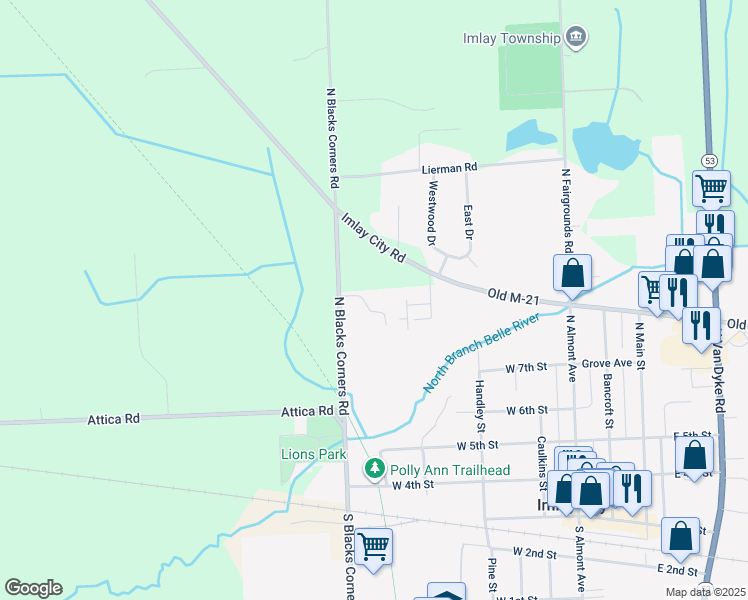 map of restaurants, bars, coffee shops, grocery stores, and more near 622 Cambridge Lane in Imlay City