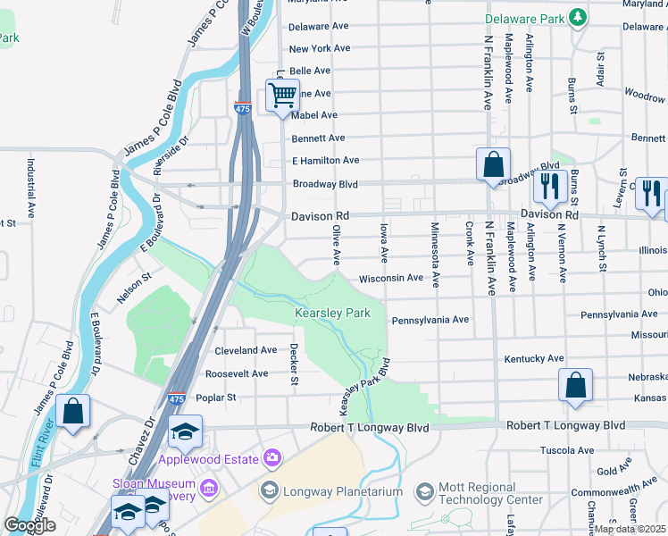 map of restaurants, bars, coffee shops, grocery stores, and more near 1427 Kearsley Park Boulevard in Flint
