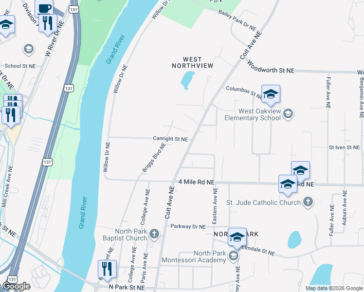 map of restaurants, bars, coffee shops, grocery stores, and more near 3652 Coit Avenue Northeast in Grand Rapids
