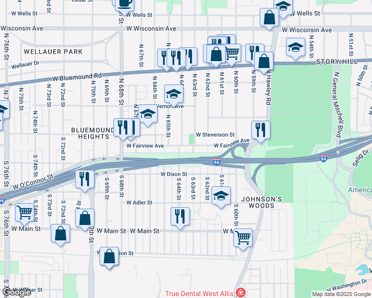 map of restaurants, bars, coffee shops, grocery stores, and more near 146 South 64th Street in Milwaukee