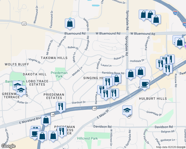 map of restaurants, bars, coffee shops, grocery stores, and more near 1972 Sunnyside Drive in Waukesha