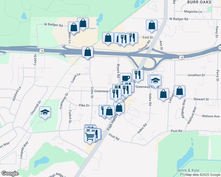 map of restaurants, bars, coffee shops, grocery stores, and more near 1807 Greenway Cross in Fitchburg
