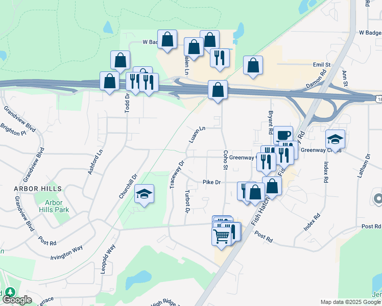 map of restaurants, bars, coffee shops, grocery stores, and more near 2218 Pike Drive in Madison