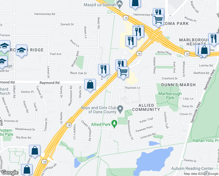 map of restaurants, bars, coffee shops, grocery stores, and more near 4900 Verona Road in Madison