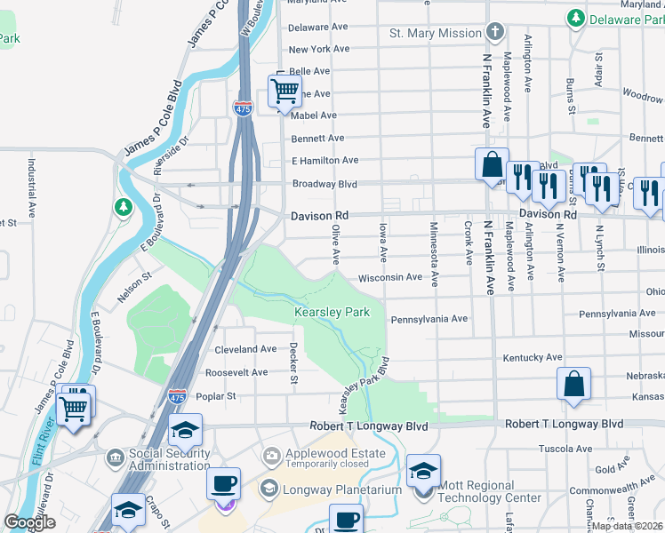 map of restaurants, bars, coffee shops, grocery stores, and more near 1445 Kearsley Park Boulevard in Flint