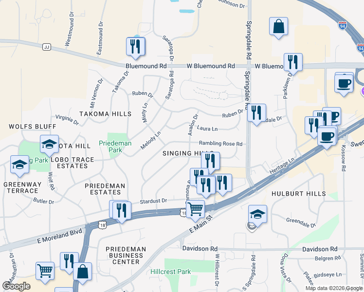 map of restaurants, bars, coffee shops, grocery stores, and more near 1972 Sunnyside Drive in Waukesha