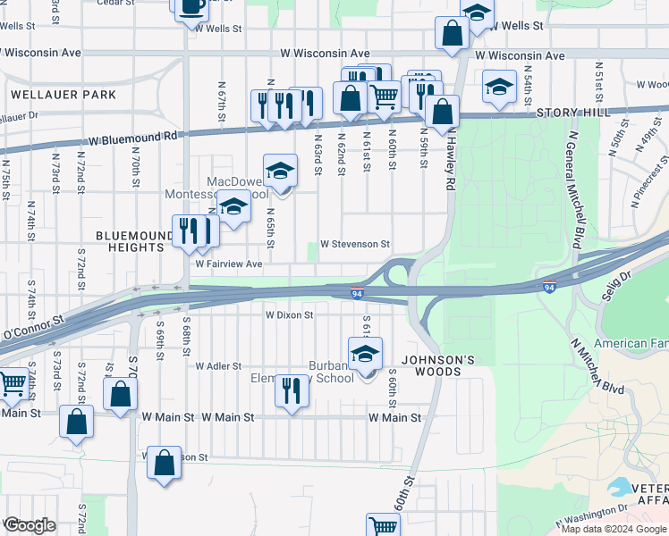 map of restaurants, bars, coffee shops, grocery stores, and more near 6203 West Fairview Avenue in Milwaukee
