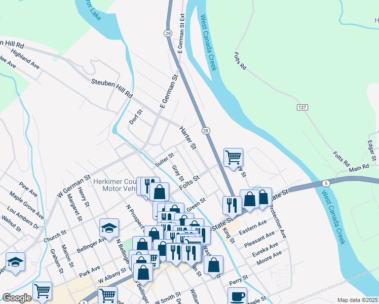 map of restaurants, bars, coffee shops, grocery stores, and more near 229 Harter Street in Herkimer