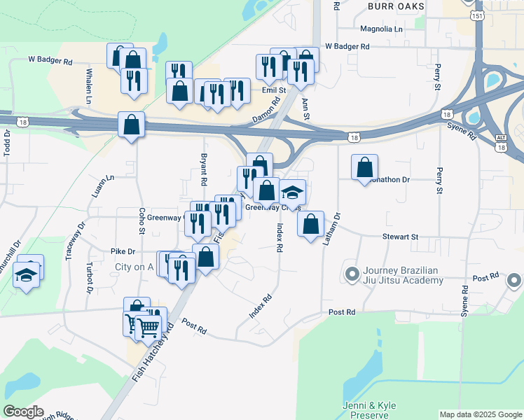 map of restaurants, bars, coffee shops, grocery stores, and more near 1585 Greenway Cross in Madison