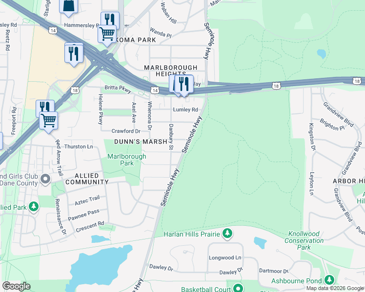 map of restaurants, bars, coffee shops, grocery stores, and more near 2114 Seminole Highway in Madison