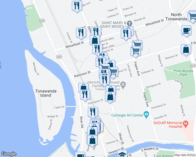 map of restaurants, bars, coffee shops, grocery stores, and more near 33 North Marion Street in North Tonawanda