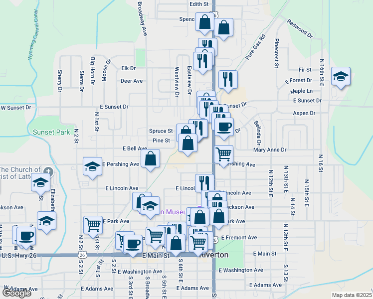 map of restaurants, bars, coffee shops, grocery stores, and more near 514 East Pershing Avenue in Riverton