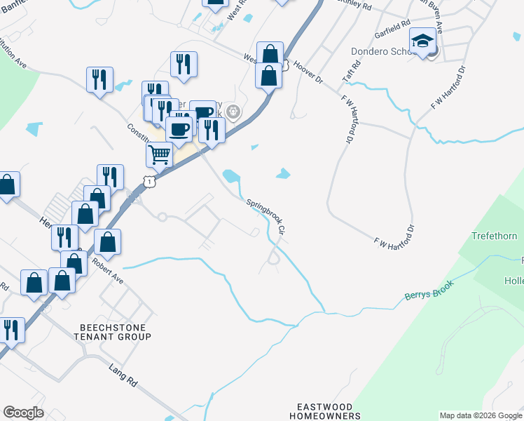 map of restaurants, bars, coffee shops, grocery stores, and more near 505 Spring Brook Circle in Portsmouth