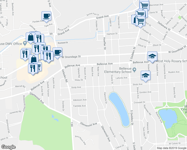 map of restaurants, bars, coffee shops, grocery stores, and more near 145 Reed Avenue in Syracuse