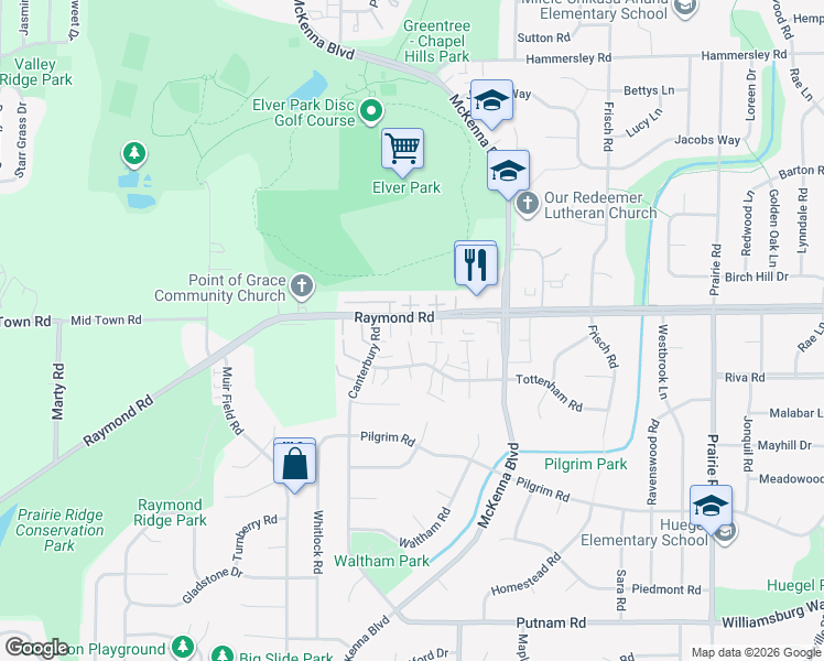 map of restaurants, bars, coffee shops, grocery stores, and more near 6802 Raymond Road in Madison