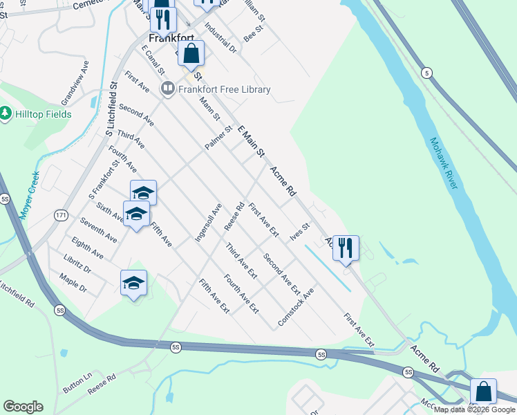 map of restaurants, bars, coffee shops, grocery stores, and more near 405 East Canal Street in Frankfort