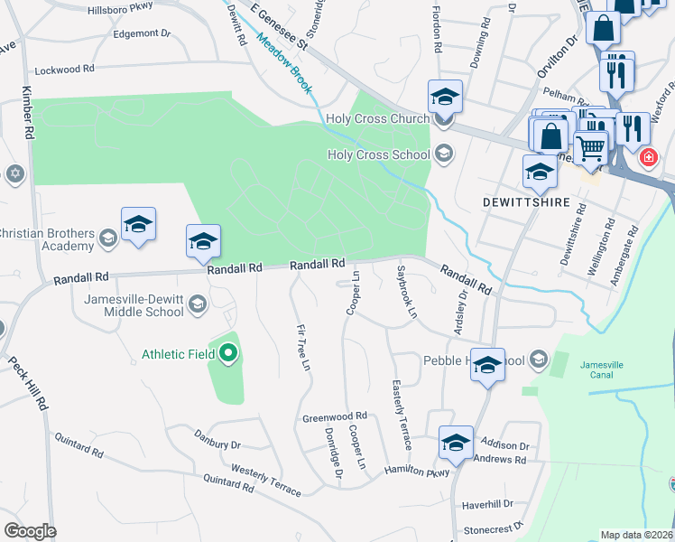 map of restaurants, bars, coffee shops, grocery stores, and more near 100 Cooper Lane in Syracuse